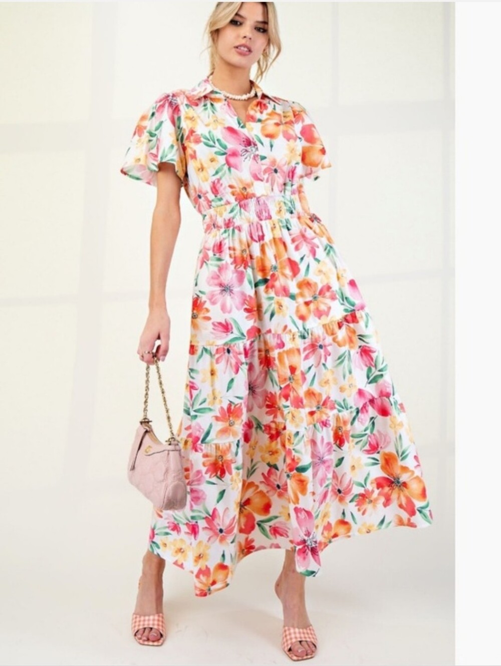 easel White Floral Tiered Maxi Dress with Pink & Orange Blooms